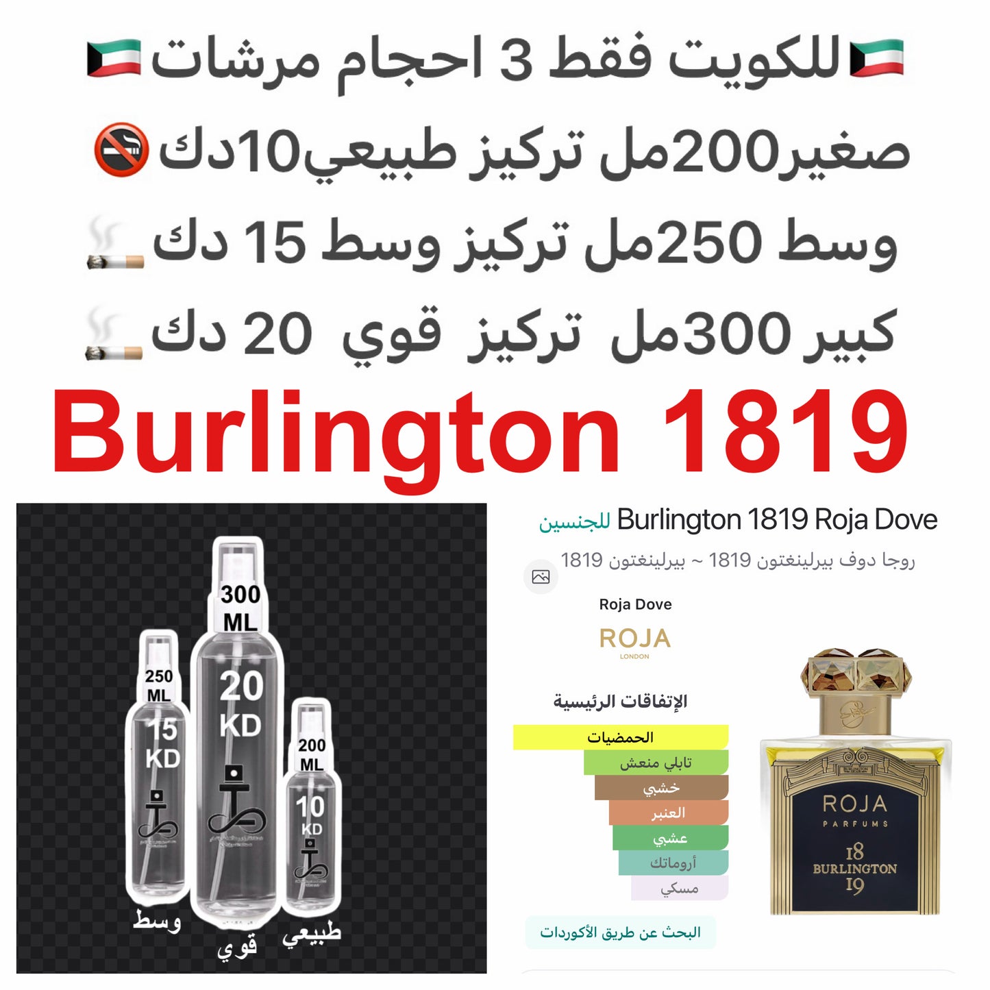 إفتتاحية العطر الجريب فروت, النعناع, الليم, البرتقال المر و الماندرين (اليوسفي); قاعدة العطر تتكون من الآمبرغريس, التبغ, طحلب البلوط (طحلب السنديان), الزنجبيل, الروم, أخشاب الكشمير, المسك, خشب الأرز, الباتشولي, الكمون, البنزوين - الجاوي, اللابدانوم, القرف