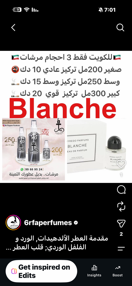 ⁨	مقدمة العطر الألدهيدات, الورد و الفلفل الوردي; قلب العطر الفاوانيا, البنفسج و زهره البرتقال الأفريقي; قاعدة العطر تتكون من المسك, الأخشاب و خشب الصندل. #طرفه_بريدو  للطلب ارسال صور عطوركم من انستقرامي والعنوان  وحجم العطر المطلوب  على وتس اب 99669524  #